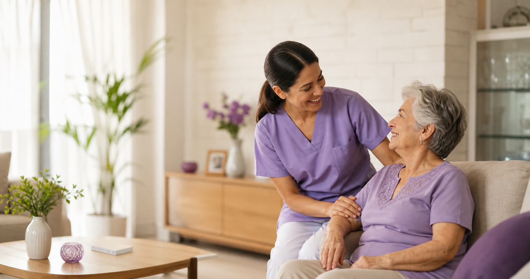 Profissional de Home Care cuidando de idosa em casa na Zona Sul de São Paulo